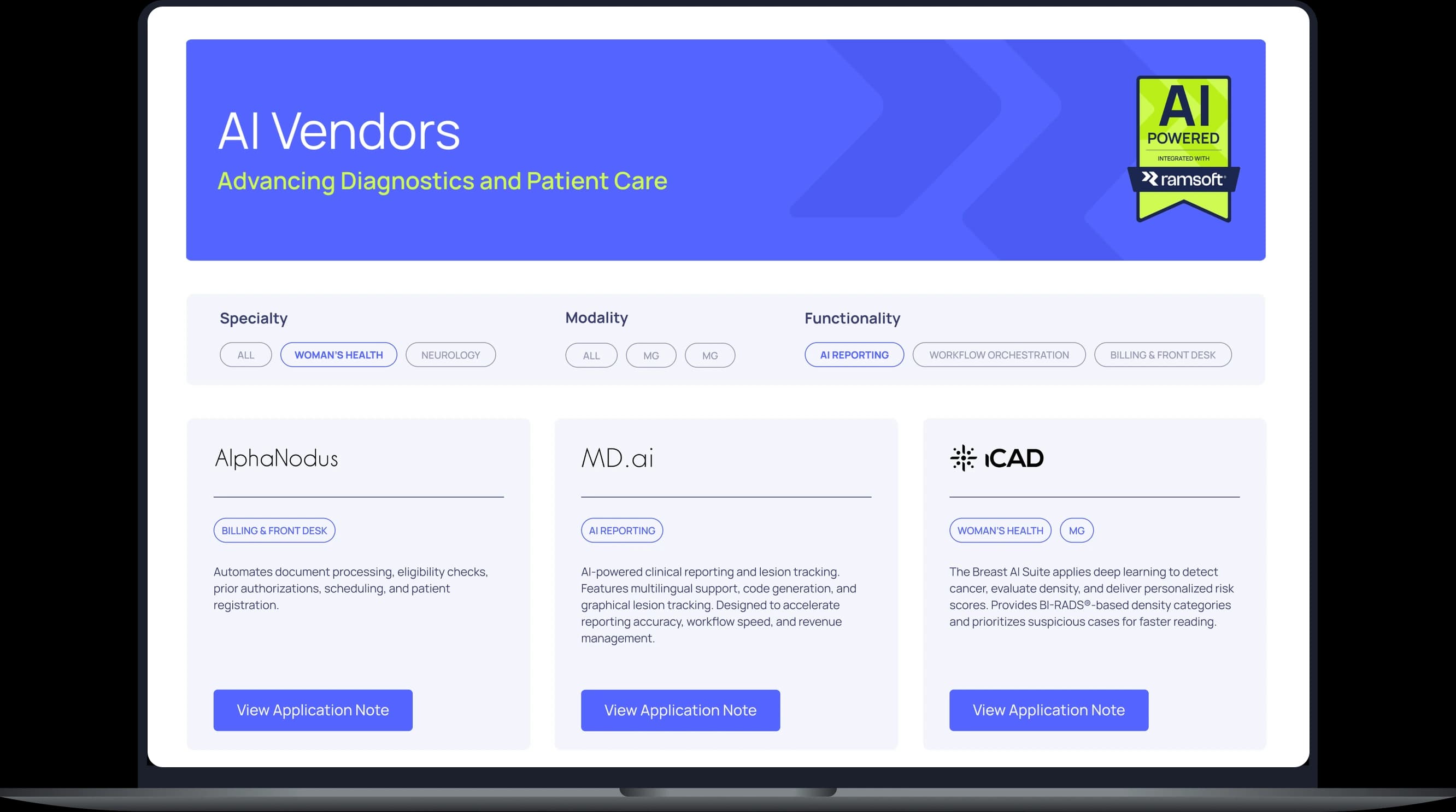 RamSoft platform – AI vendors catalogue on a laptop