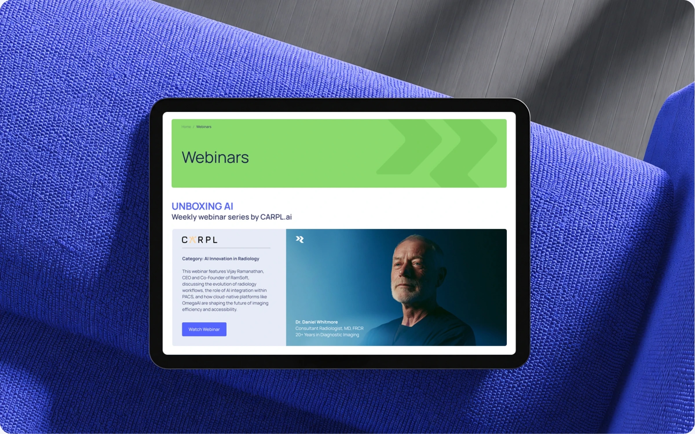RamSoft webinars page on a tablet