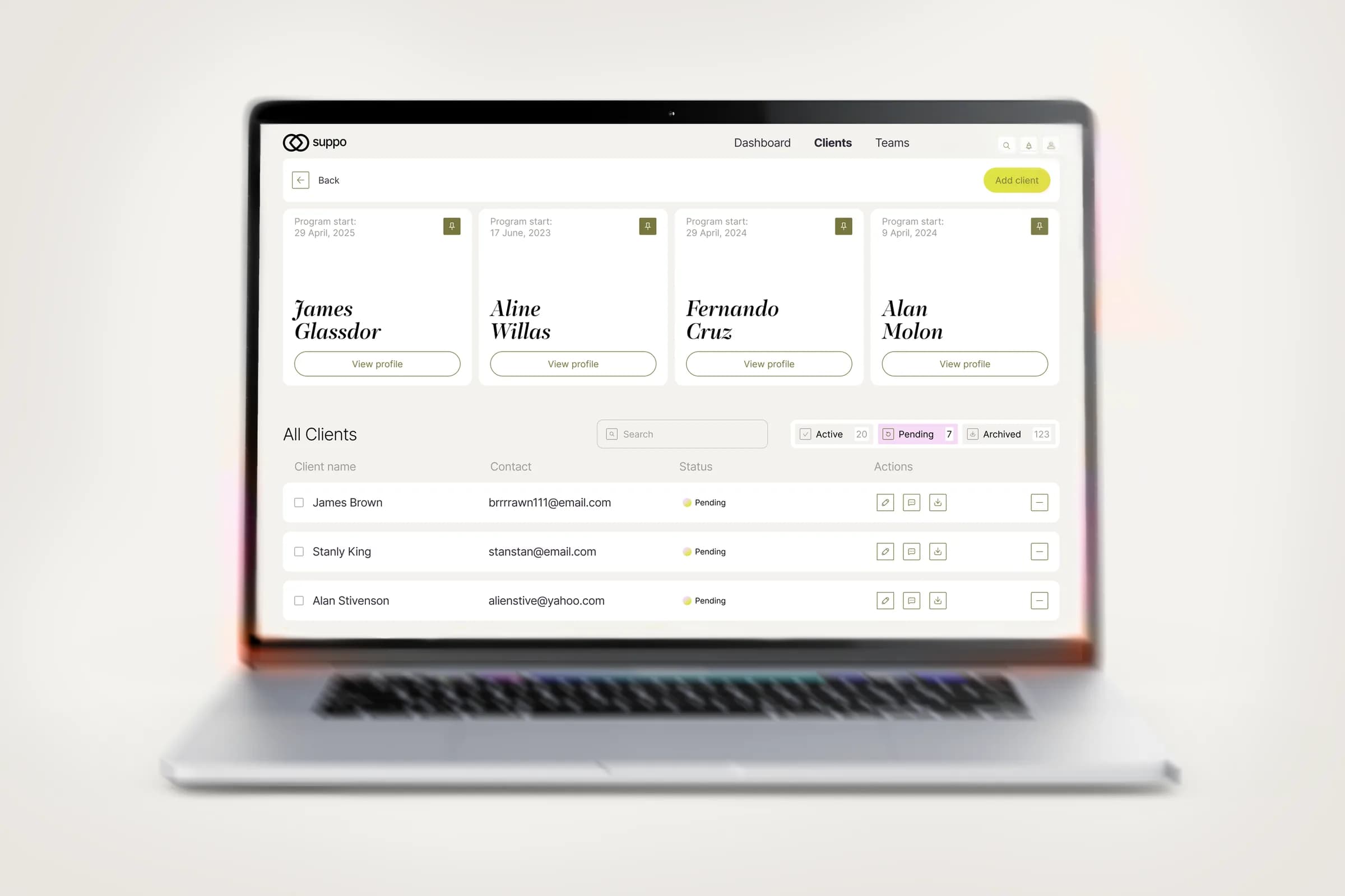 Suppo – client list with pinned cards